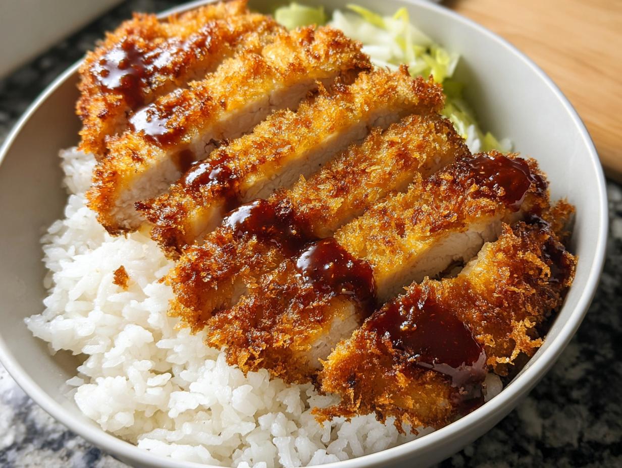 Close-up of a white bowl filled with white rice, topped with sliced, crispy Air Fryer Chicken Katsu drizzled with brown sauce.