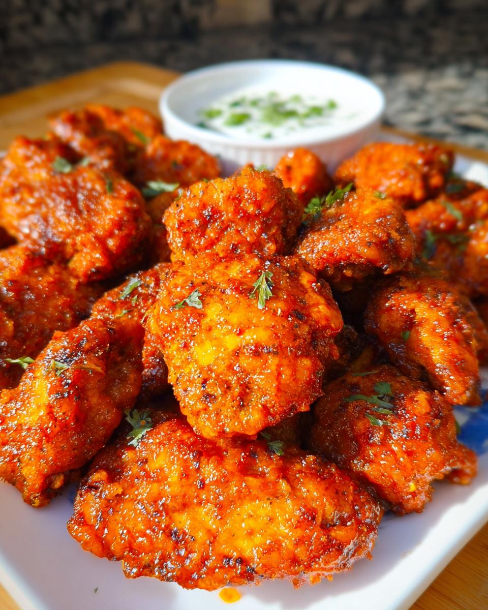 Close-up of bright orange, glossy Crispy Dragon Chicken in Air Fryer pieces served on a white plate with a dipping sauce.