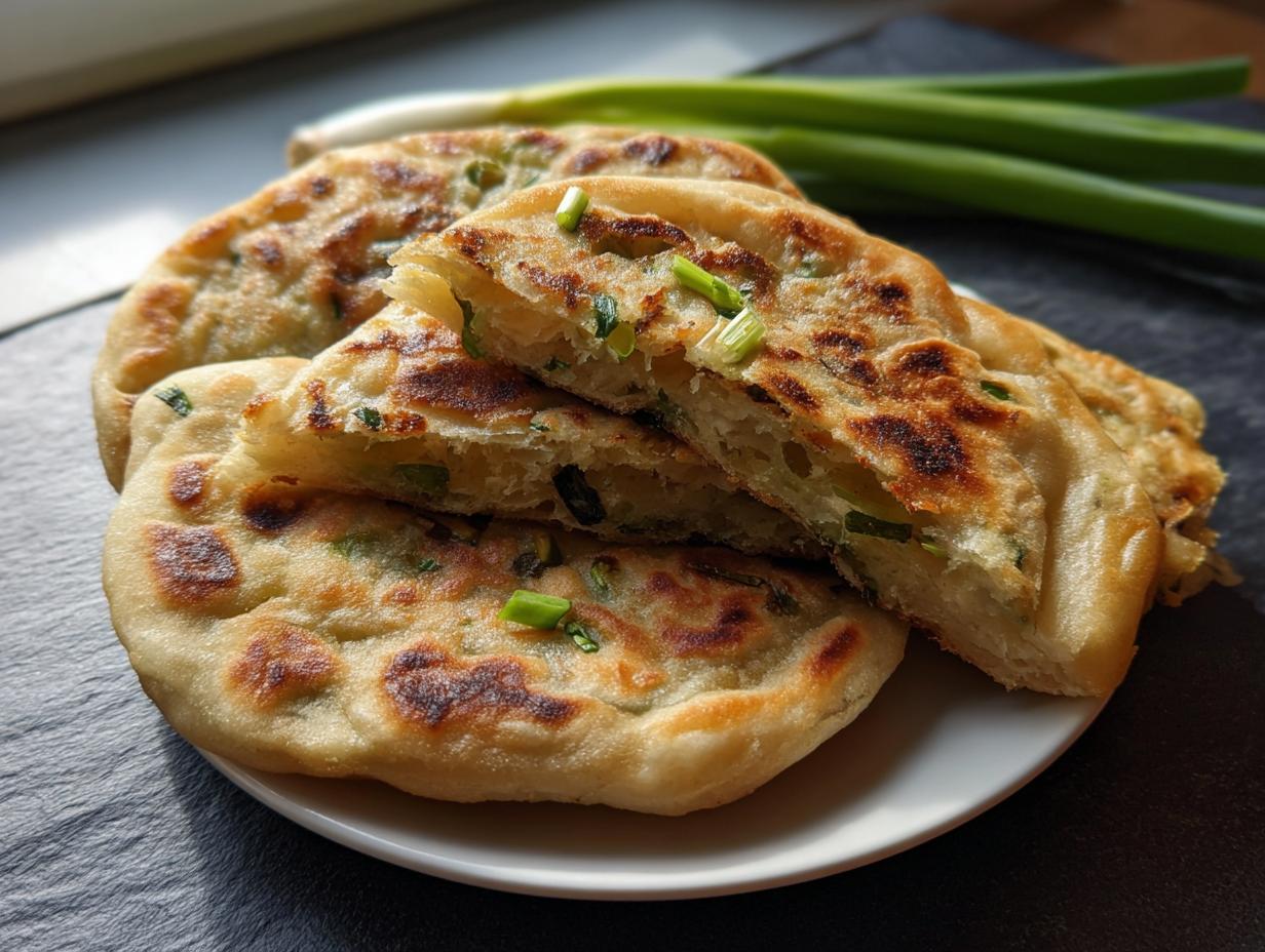 A stack of golden-brown, flaky Air Fryer Scallion Pancakes, one cut open to show the layers and green onions.