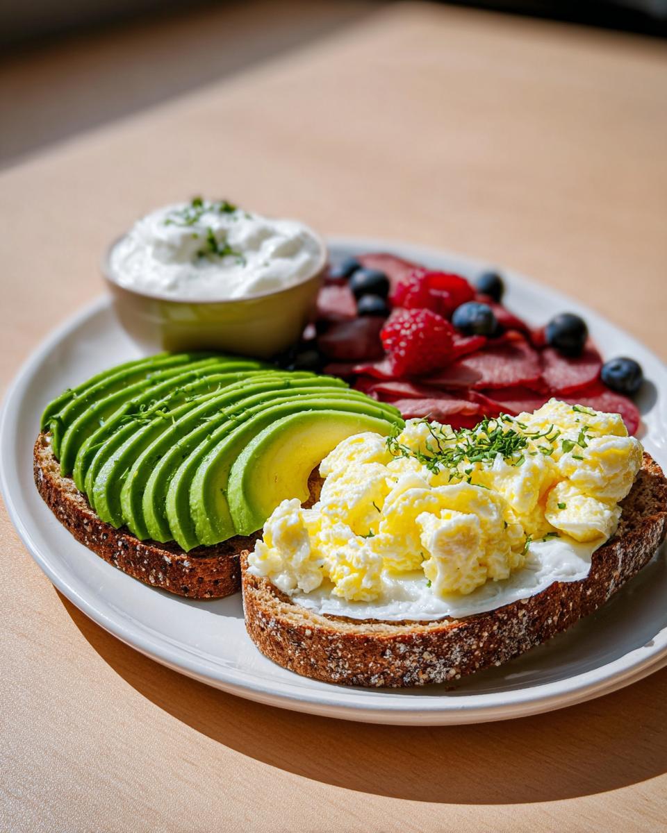 A plate featuring two slices of whole-grain toast topped with scrambled eggs and avocado, served with berries and a side of yogurt for an Easy Breakfast for Rushed Days.