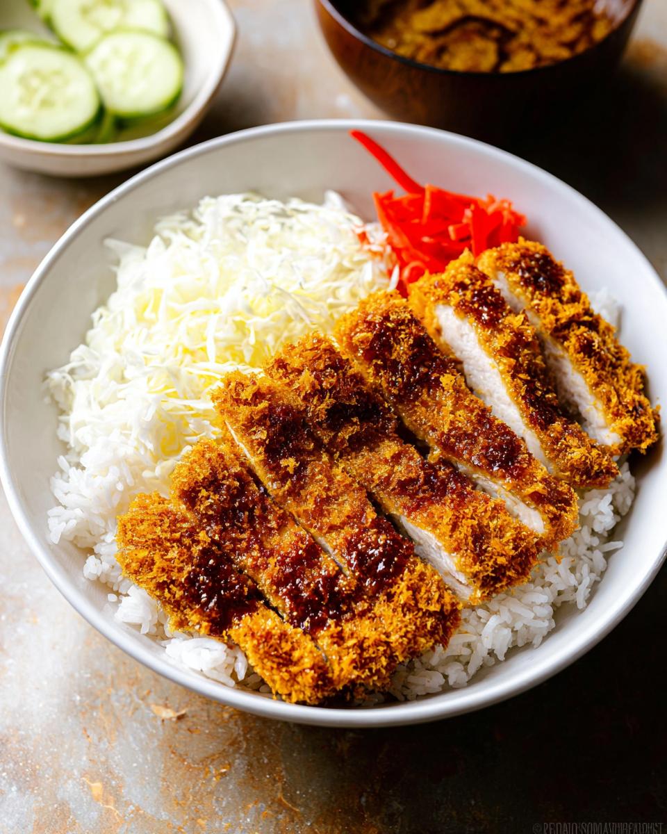 A close-up of a white bowl filled with a Baked Chicken Katsu Bowl, featuring sliced crispy chicken over rice, shredded cabbage, and pickled ginger.