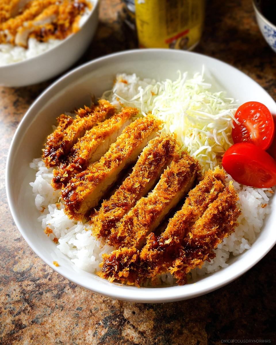 Close-up of a Baked Chicken Katsu Bowl featuring crispy sliced chicken over rice, shredded cabbage, and tomato slices.