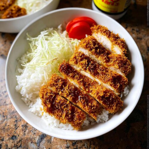 Close-up of a white bowl containing a Baked Chicken Katsu Bowl with sliced, breaded chicken over rice, shredded cabbage, and tomato.