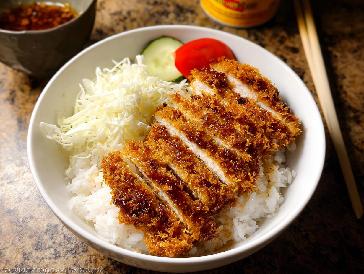 A white bowl filled with white rice topped with sliced, crispy Baked Chicken Katsu Bowl, shredded cabbage, and a tomato slice.