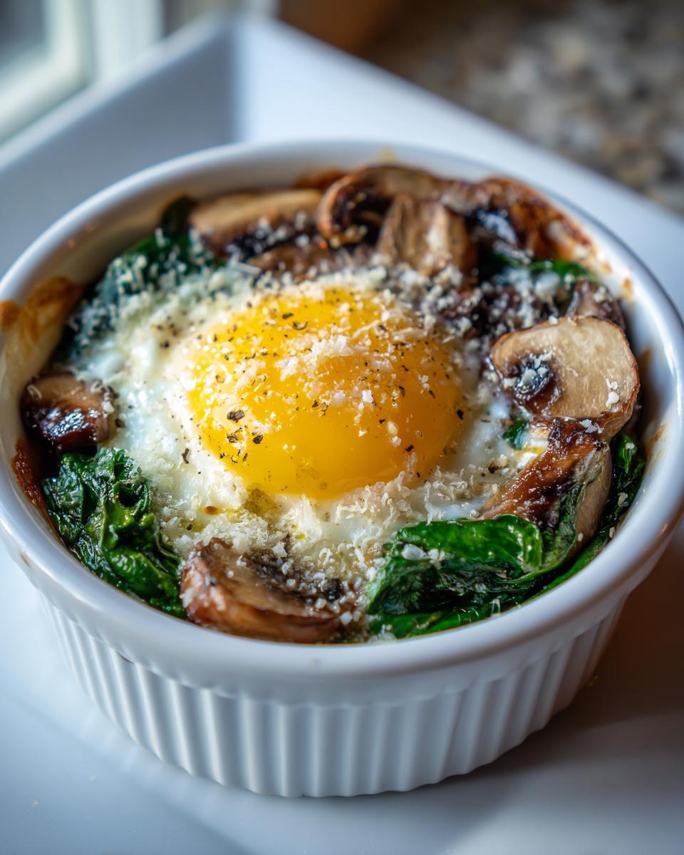 Close-up of a single serving of baked eggs for a healthy morning, topped with spinach, mushrooms, and grated cheese.