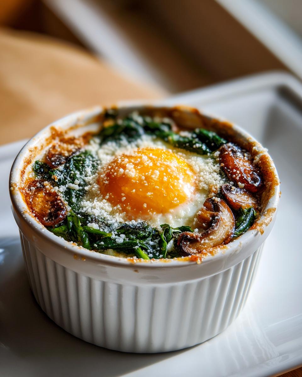 Close-up of a single serving of baked eggs for a healthy morning, topped with spinach, mushrooms, and grated cheese in a white ramekin.