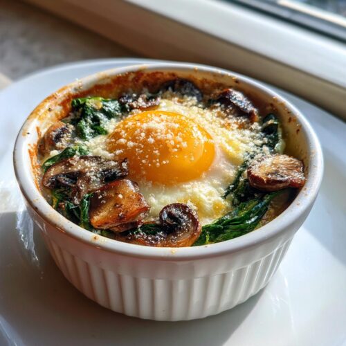 A single serving of baked eggs for a healthy morning in a white ramekin with mushrooms and spinach.