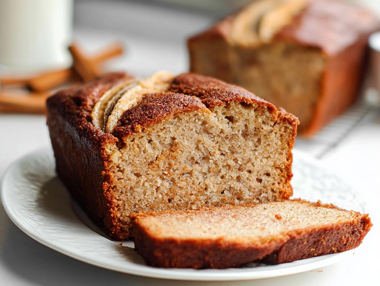 Close-up of a slice cut from the Banana Cinnamon Breakfast Loaf, showing moist texture and cinnamon topping.
