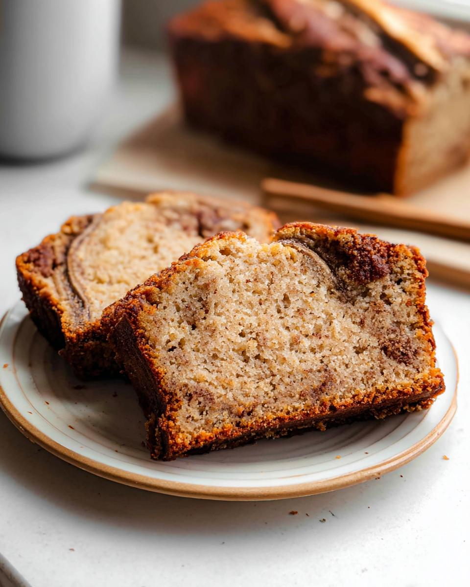 Two thick slices of moist Banana Cinnamon Breakfast Loaf showing the crumb texture and cinnamon swirl on a small plate.