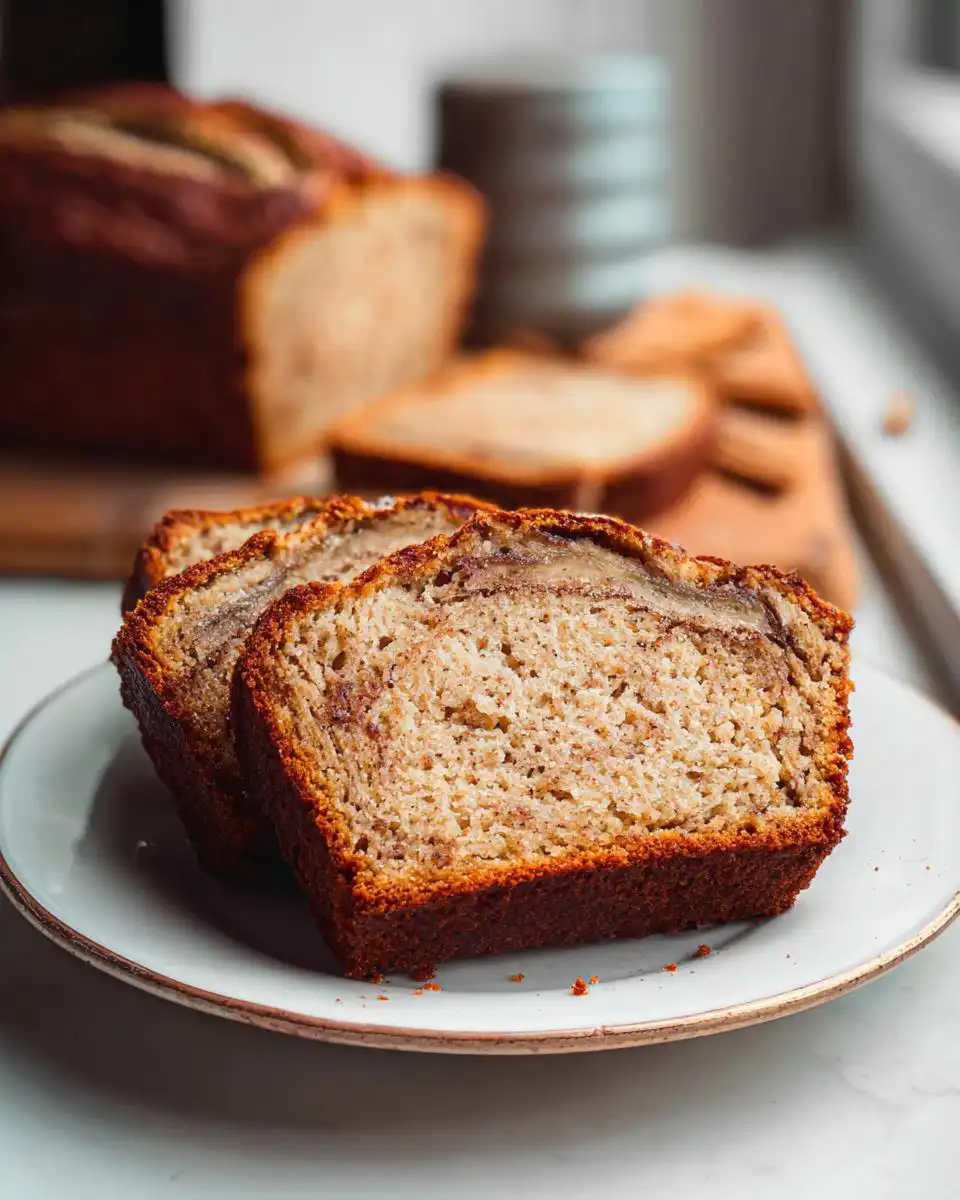 Two thick slices of moist Banana Cinnamon Breakfast Loaf showing a cinnamon swirl, served on a small white plate.