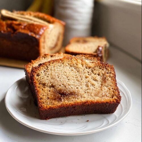Two thick slices of Banana Cinnamon Breakfast Loaf served on a white plate, showing a visible cinnamon swirl center.