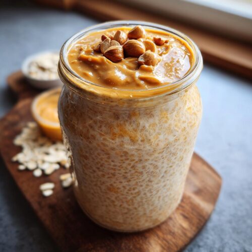A jar filled with creamy Blended Peanut Butter Overnight Oats, topped with a swirl of peanut butter and whole peanuts.