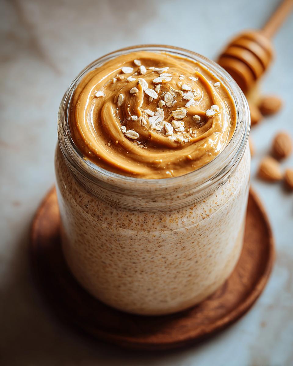 Close-up of Blended Peanut Butter Overnight Oats topped with a swirl of peanut butter and rolled oats.