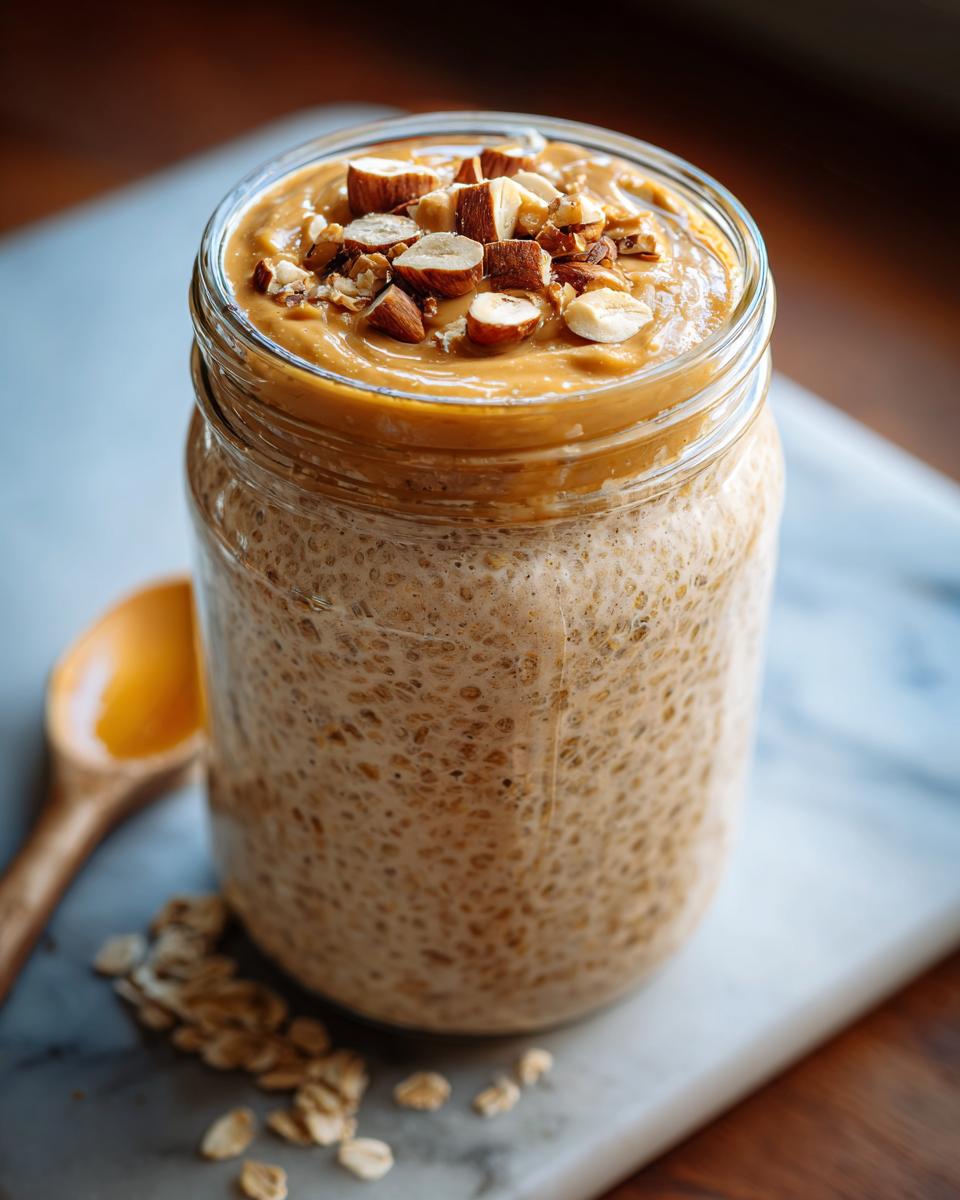 Close-up of Blended Peanut Butter Overnight Oats in a glass jar, topped with peanut butter and chopped nuts.