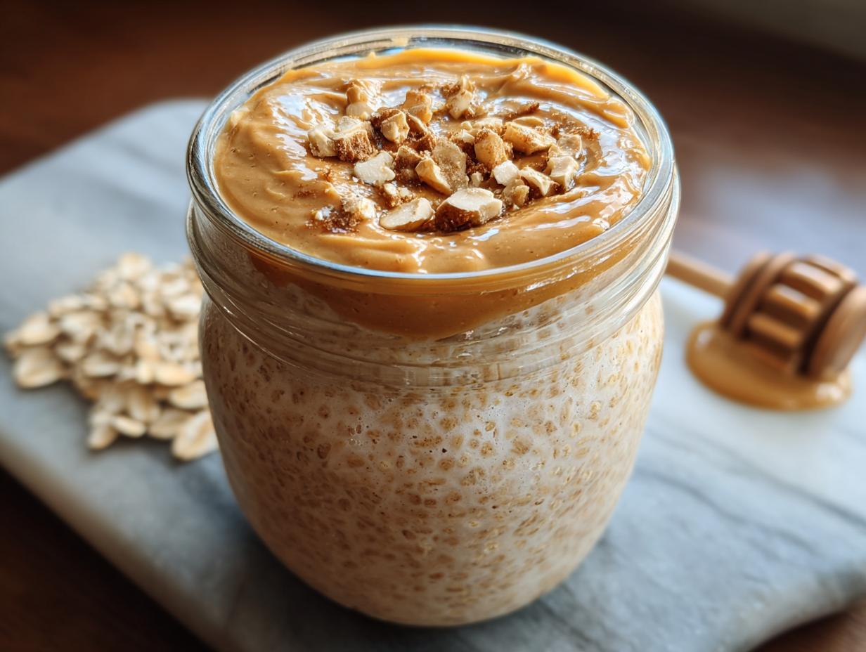 Close-up of Blended Peanut Butter Overnight Oats in a jar, topped with creamy peanut butter and chopped nuts.