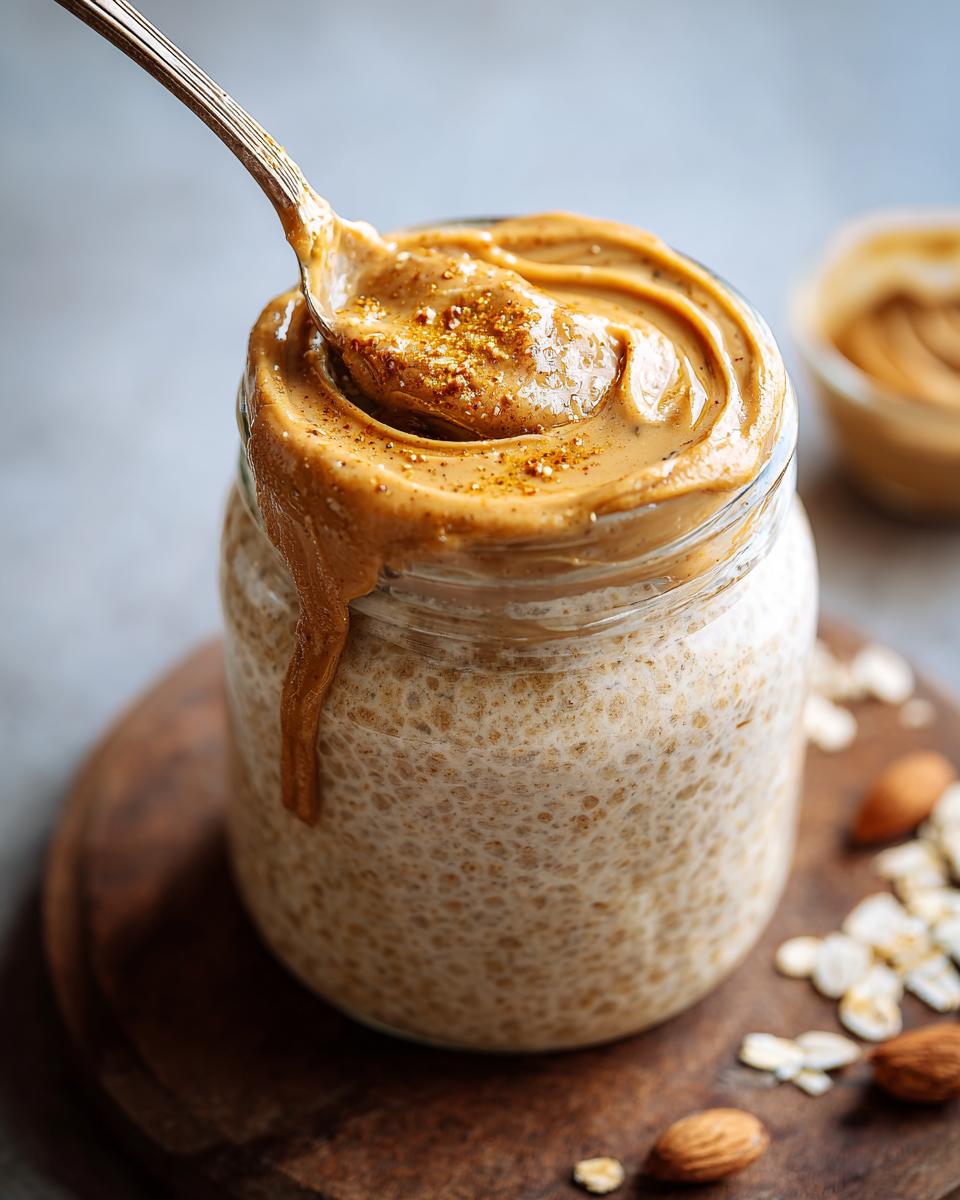 A spoonful of creamy peanut butter topping Blended Peanut Butter Overnight Oats in a glass jar.