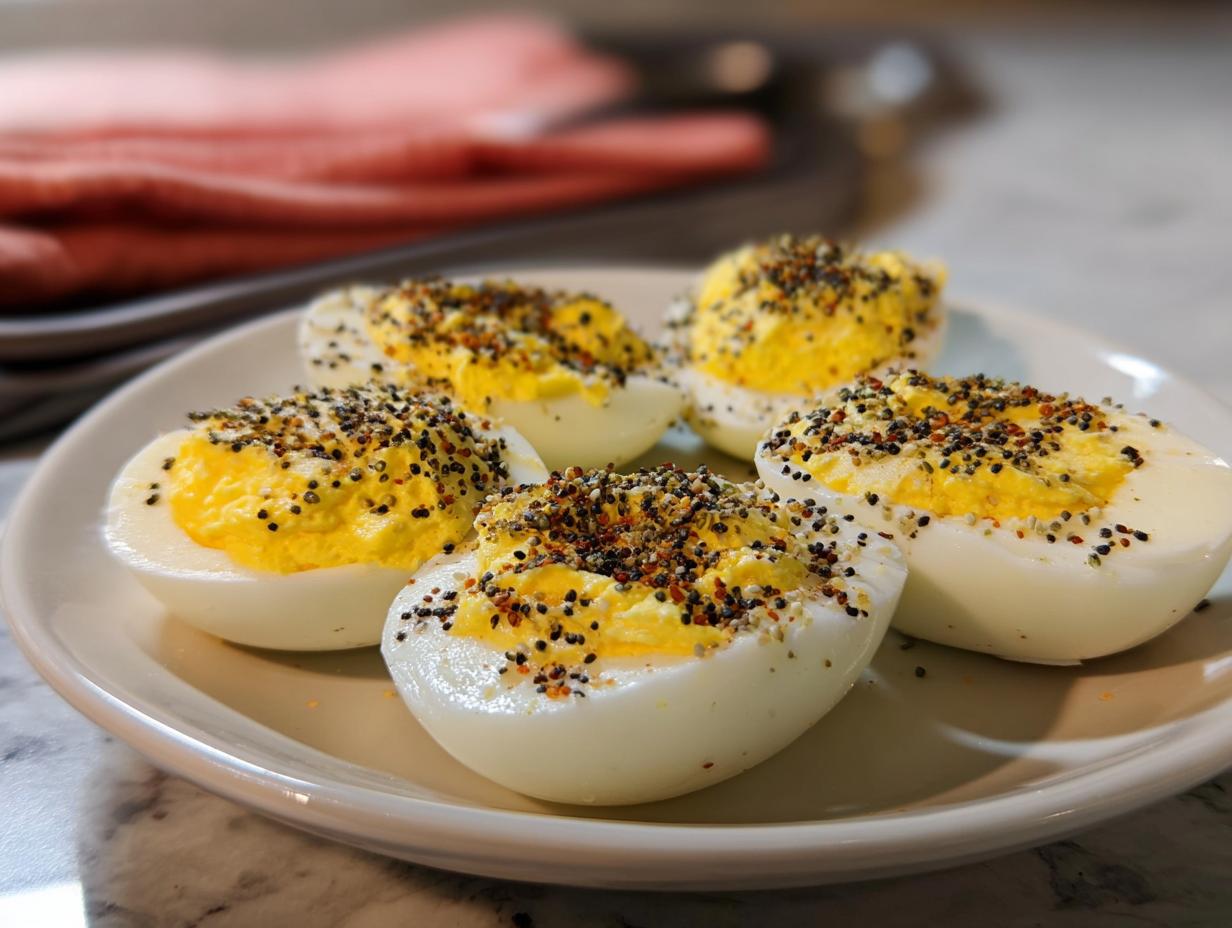 Five halves of deviled Boiled Eggs with Everything Bagel Seasoning sprinkled generously on the creamy yolk filling.