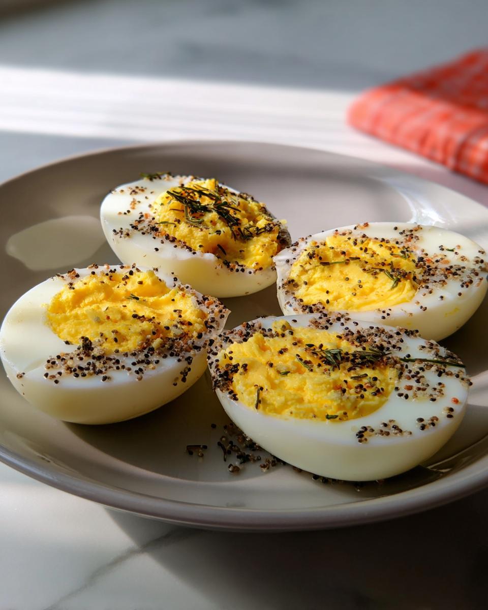 Four halves of hard-boiled eggs filled with yolk and generously sprinkled with Everything Bagel Seasoning.