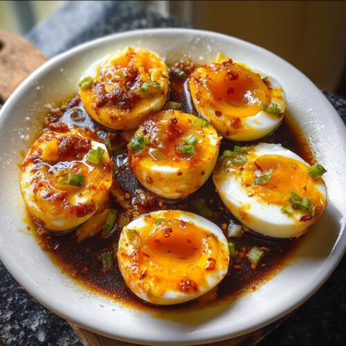 Close-up of soft-boiled eggs halved and swimming in savory sauce, topped with chili oil and green onions, featuring Boiled Eggs with Chili Oil.
