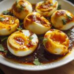 Six halves of boiled eggs swimming in rich chili oil sauce, garnished with cilantro, showcasing the Boiled Eggs with Chili Oil recipe.