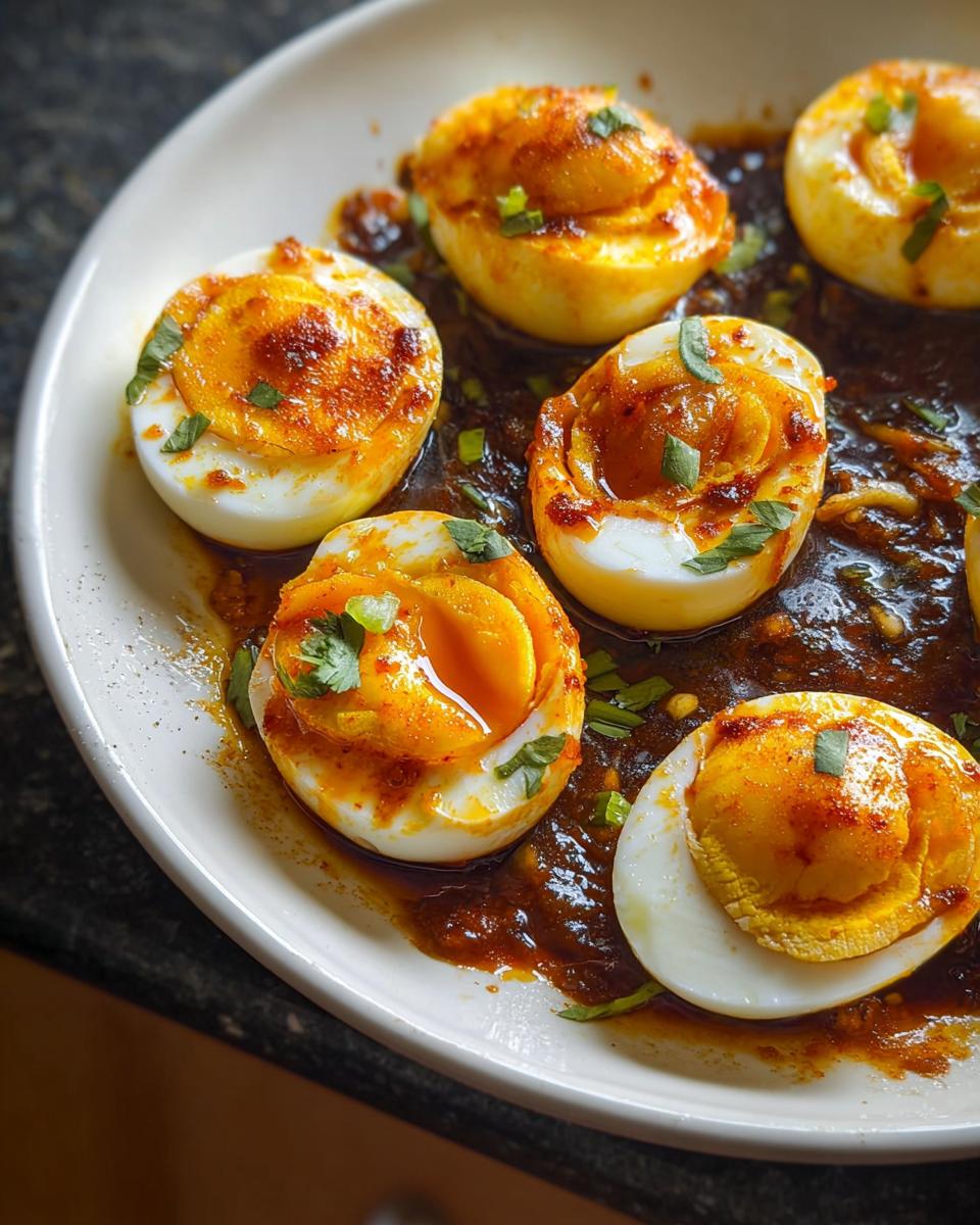 Close-up of halved Boiled Eggs with Chili Oil, garnished with green onions on a white plate.