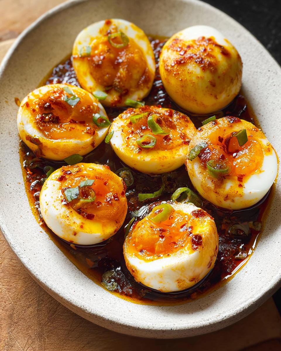 Six soft-boiled eggs halved and drizzled with spicy chili oil and green onions, served in a bowl.