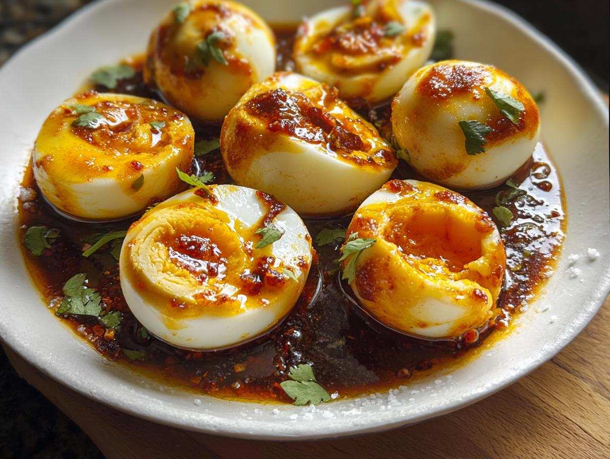 Six halves of boiled eggs swimming in rich chili oil sauce, garnished with cilantro, showcasing the Boiled Eggs with Chili Oil recipe.
