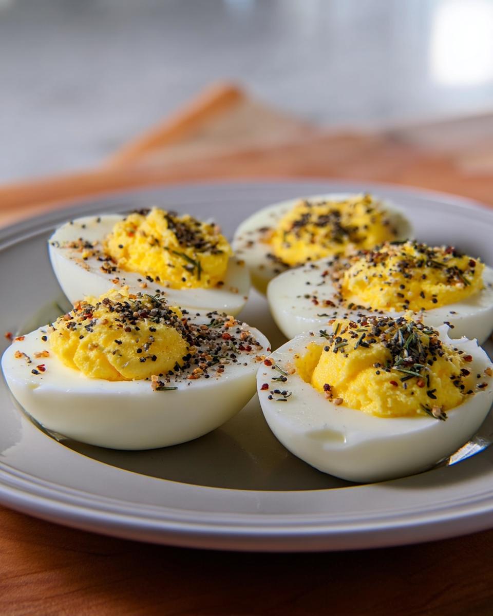 Four halves of deviled eggs topped generously with Everything Bagel Seasoning, ready to eat.