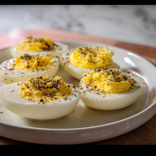 Four halves of deviled eggs topped with creamy yolk filling and Everything Bagel Seasoning.