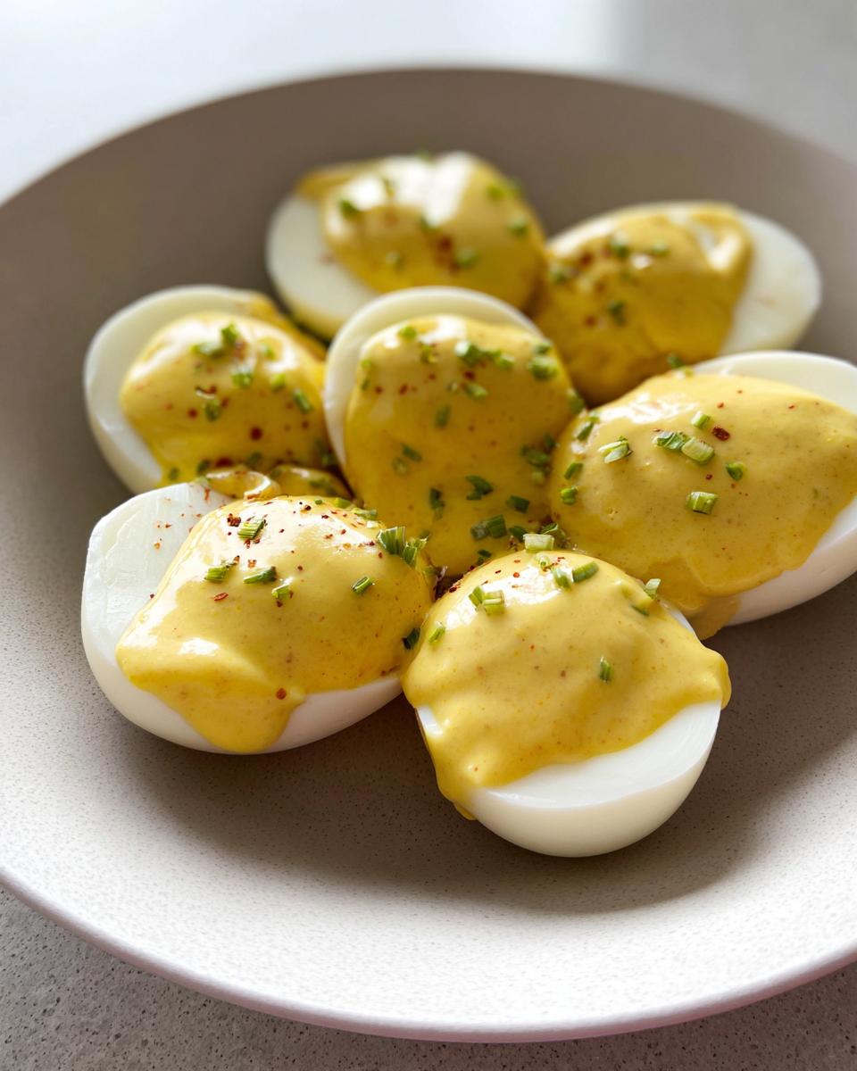 Halved boiled eggs generously topped with bright yellow mustard sauce and sprinkled with chives.