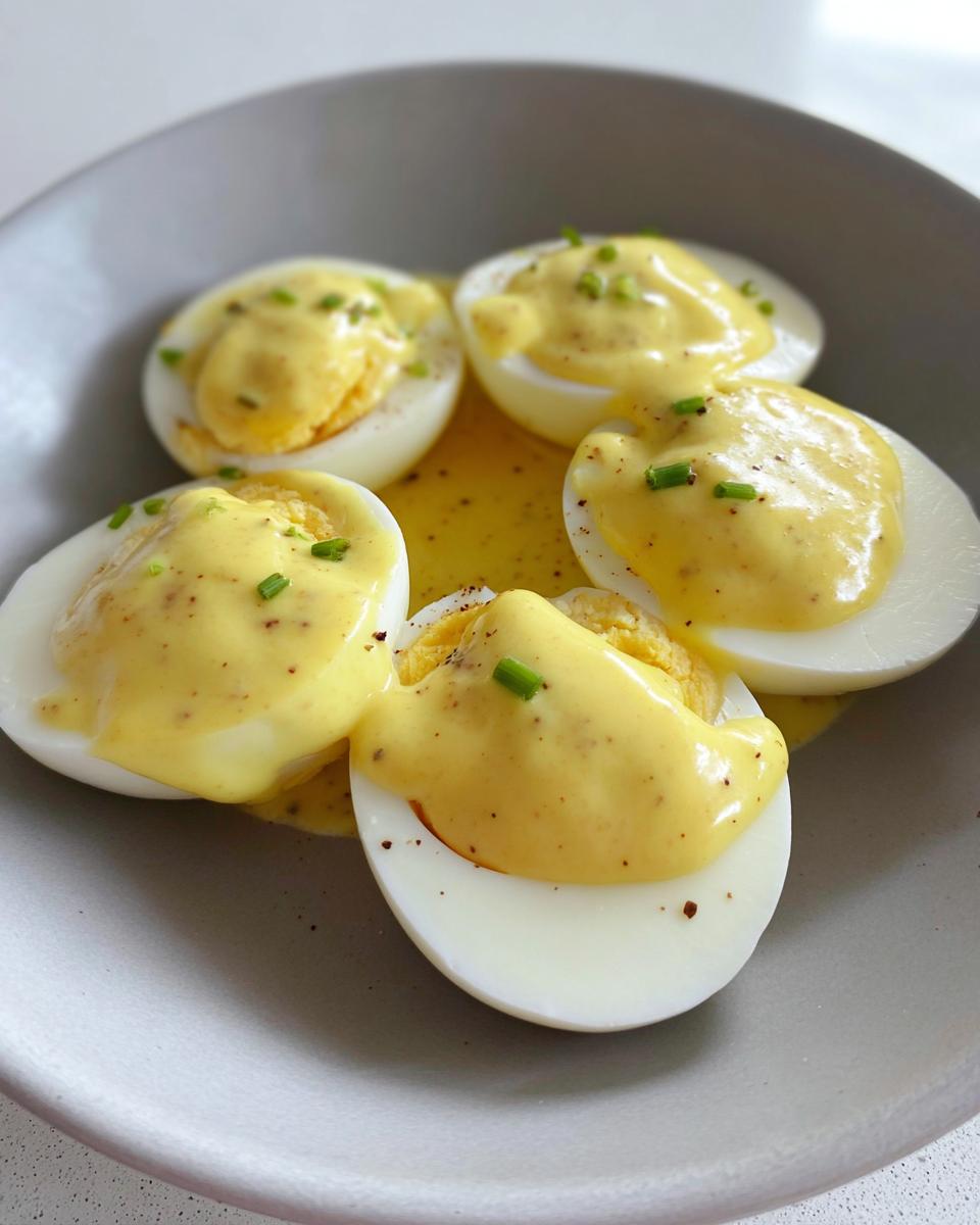Five halves of boiled eggs topped generously with creamy yellow mustard sauce and sprinkled with chives, ready to eat.
