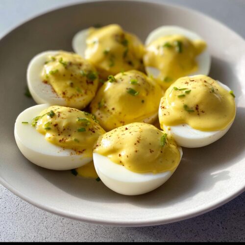 Close-up of halved boiled eggs topped generously with bright yellow mustard sauce and sprinkled with chives.