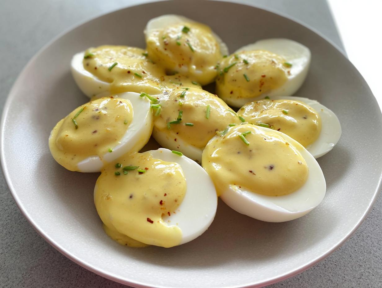 Close-up of halved boiled eggs generously topped with creamy, yellow mustard sauce and sprinkled with chives for Boiled Eggs with Mustard Sauce.