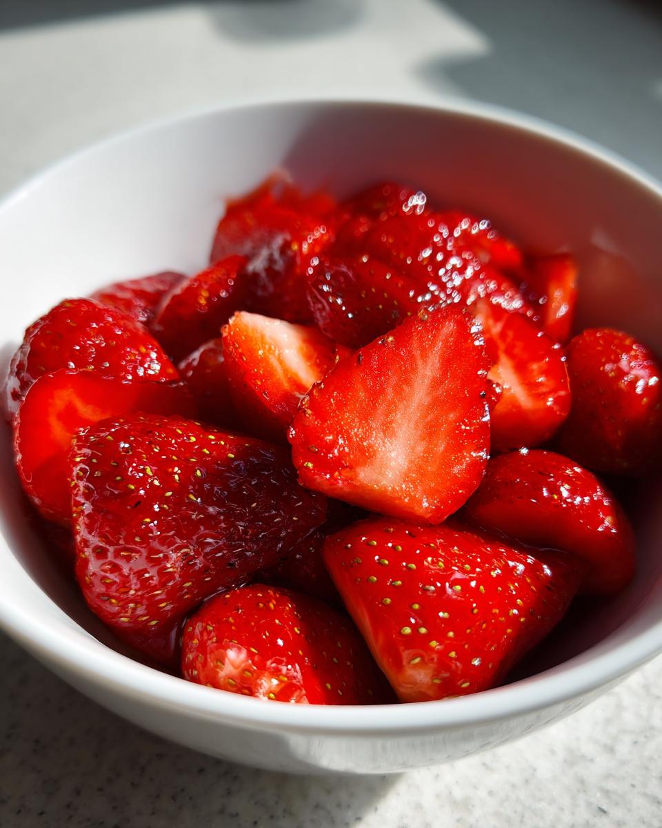 Close-up of bright red, glossy sliced strawberries in a white bowl, perfect for an Easy Strawberry Snack.