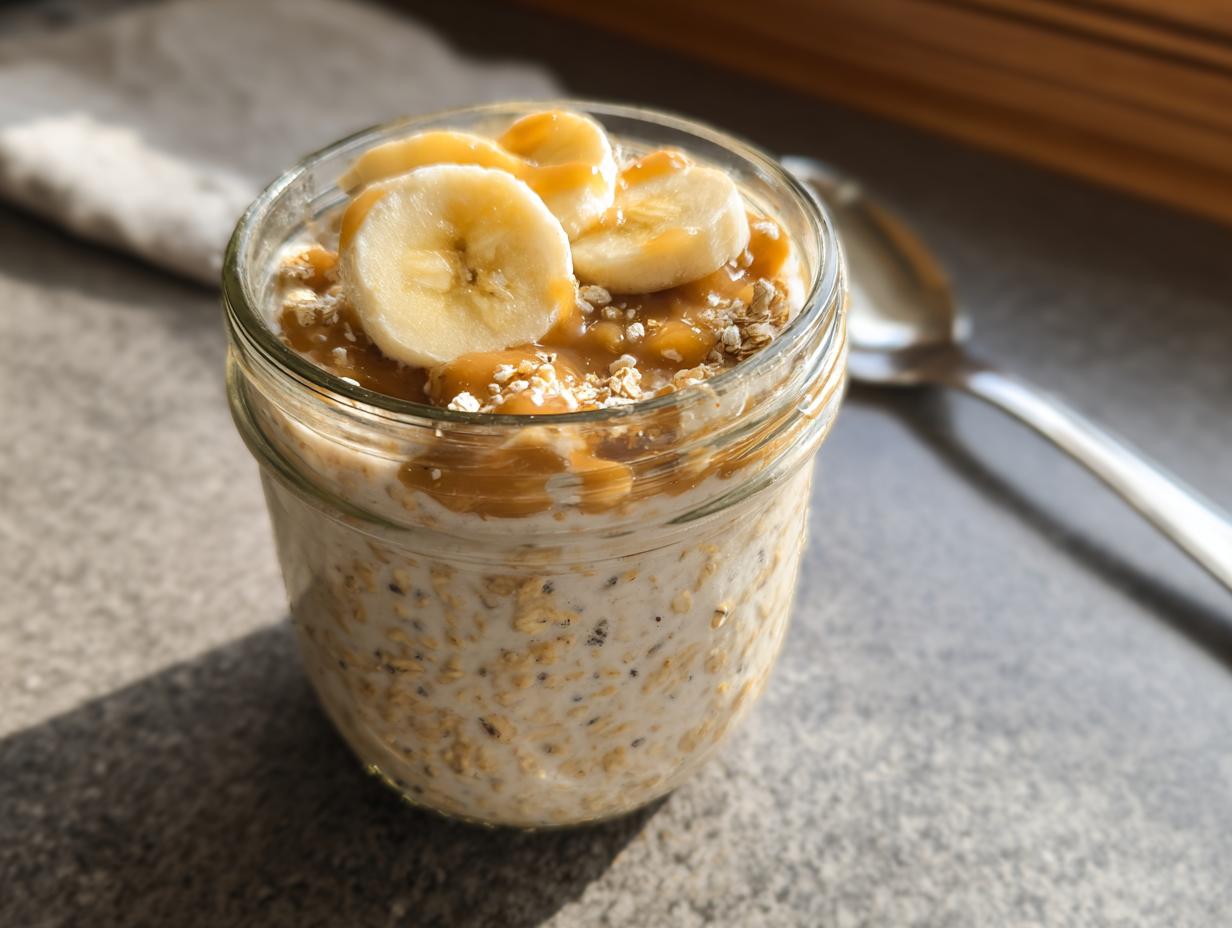 Close-up of Brown Sugar Banana Overnight Oats topped with banana slices and caramel sauce in a glass jar.