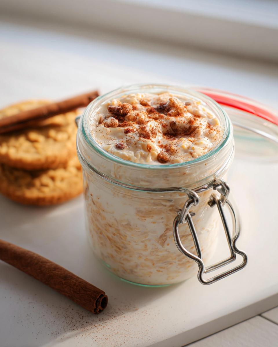 A glass jar filled with creamy Brown Sugar Cinnamon Overnight Oats, topped with cinnamon and nuts.