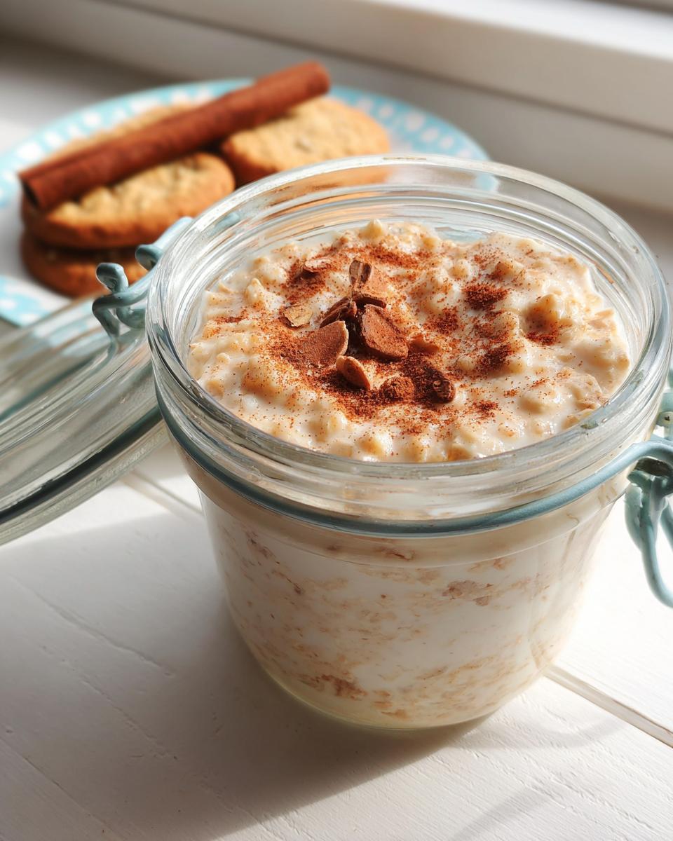 Close-up of Brown Sugar Cinnamon Overnight Oats in a glass jar, topped with cinnamon and almonds.