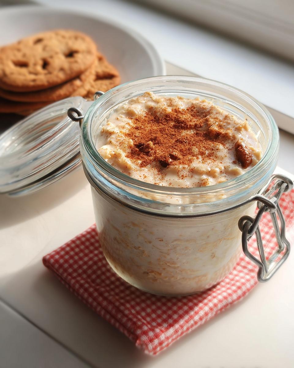 Close-up of Brown Sugar Cinnamon Overnight Oats topped with cinnamon in a glass jar.