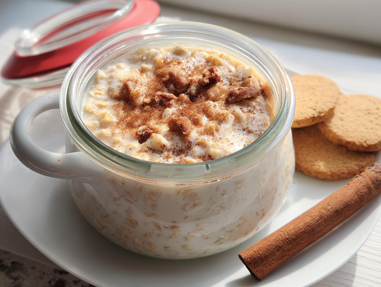 Close-up of Brown Sugar Cinnamon Overnight Oats topped with cinnamon in a handled glass jar.