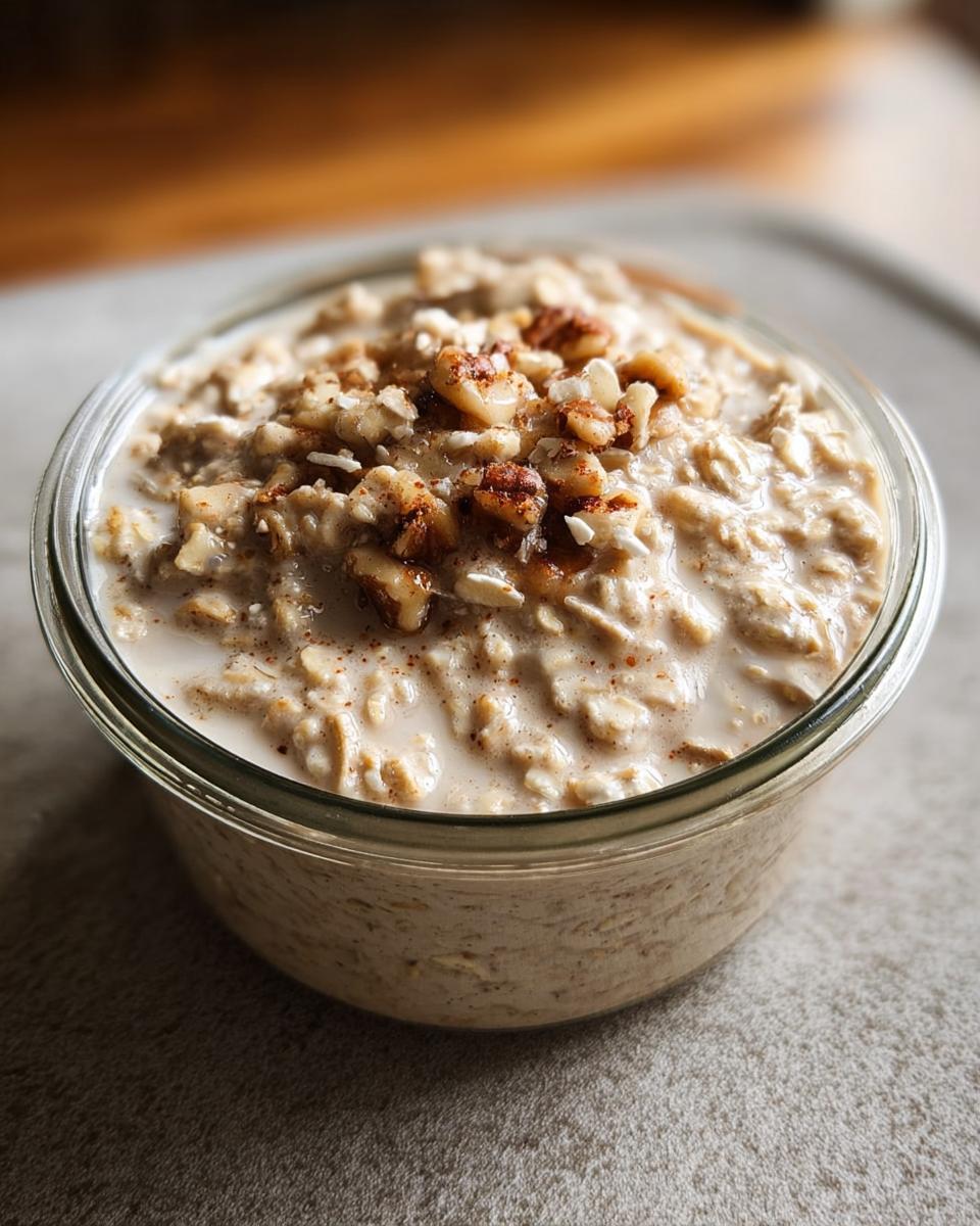 Close-up of Brown Sugar Maple Overnight Oats in a glass jar, topped with chopped nuts and cinnamon.