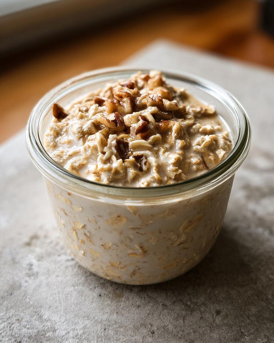 Close-up of Brown Sugar Maple Overnight Oats topped with chopped pecans in a glass jar.