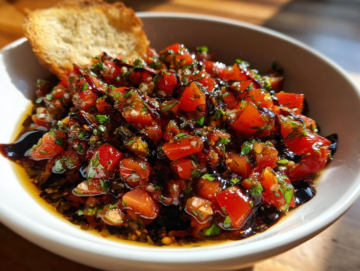 A bowl filled with fresh, diced tomatoes, herbs, and a rich balsamic glaze, served with a piece of toasted bread for the Bruschetta Dip.