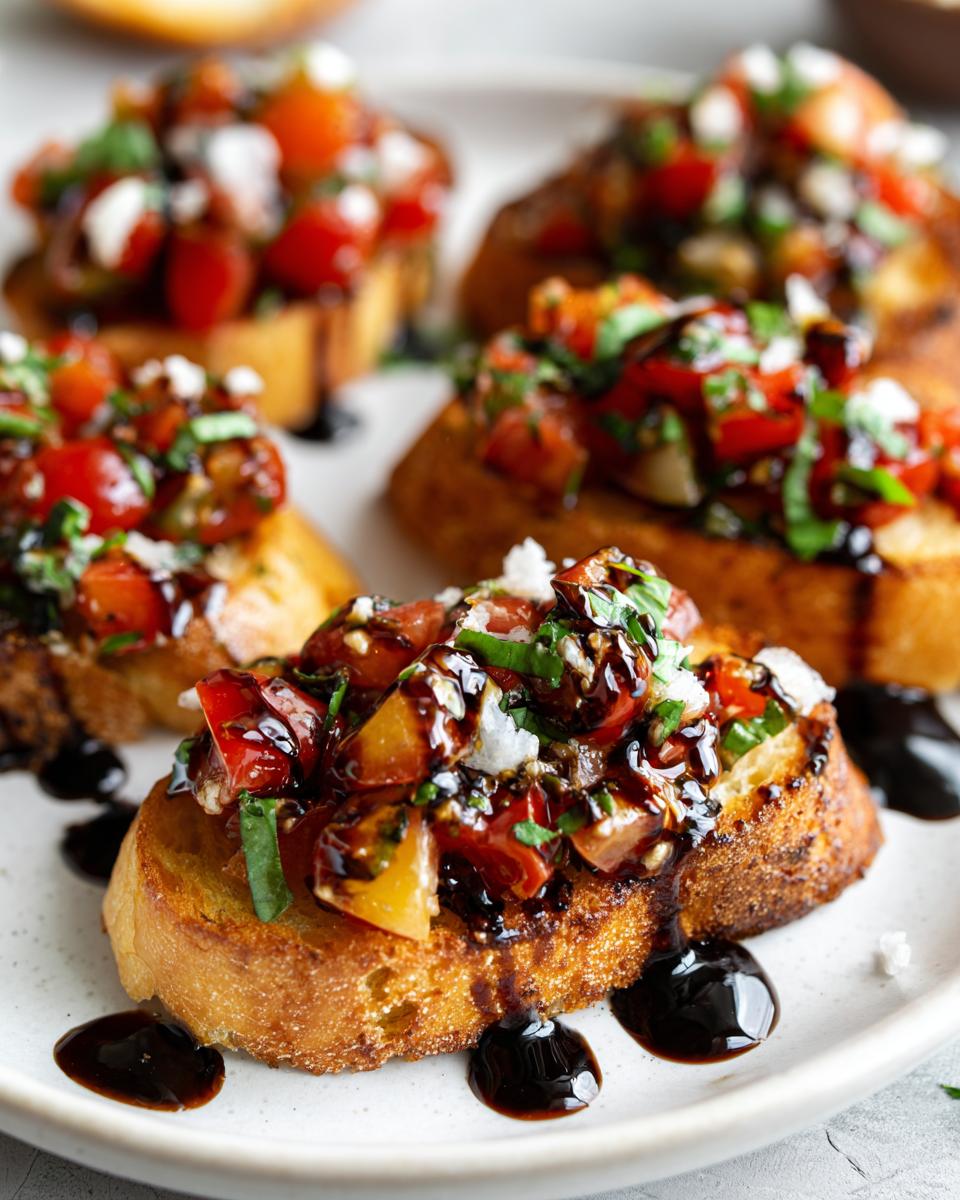 Close-up of toasted bread topped with tomato mixture and drizzled with balsamic glaze, representing Bruschetta Dip with Balsamic Glaze.