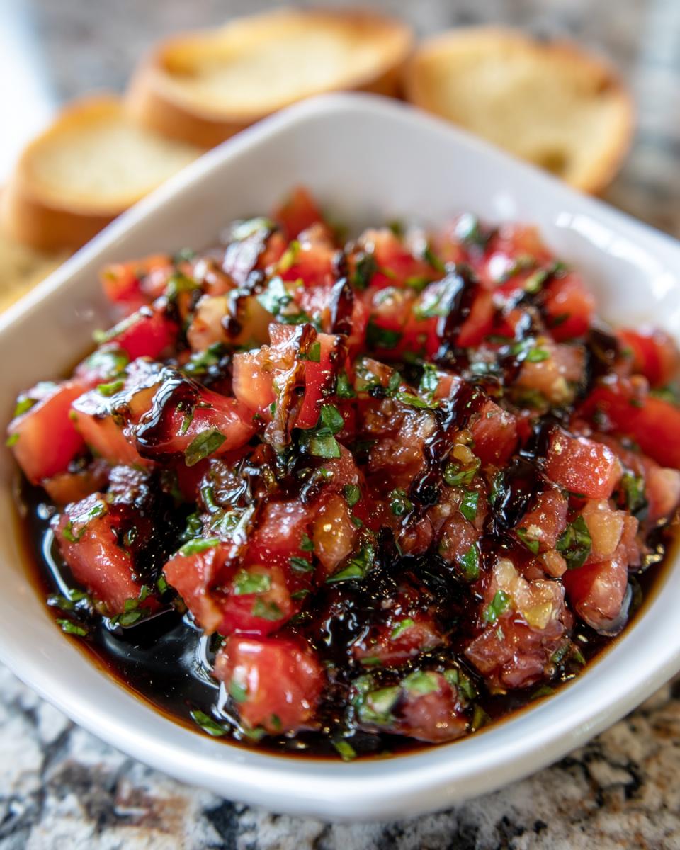 A white bowl filled with fresh tomato and basil Bruschetta Dip with Balsamic Glaze, served with toasted bread slices.
