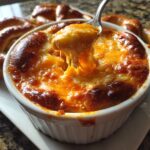 A spoonful of hot, cheesy Buffalo Pretzel Dip being lifted from a white ramekin, showing cheese pull, with soft pretzels nearby.