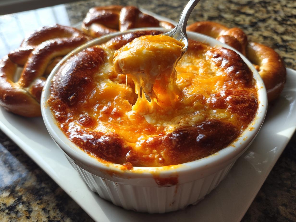 A spoonful of hot, cheesy Buffalo Pretzel Dip being lifted from a white ramekin, showing cheese pull, with soft pretzels nearby.