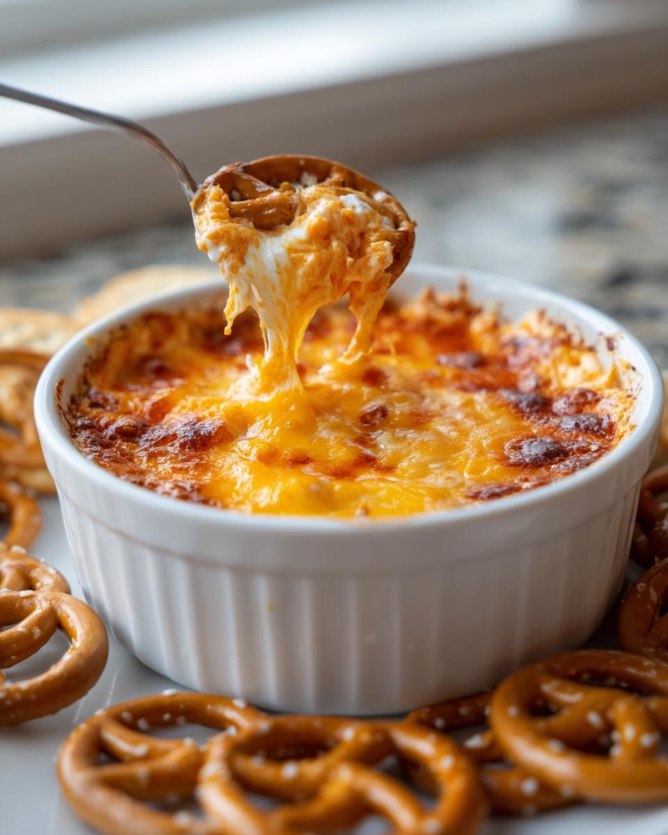 A spoonful of hot, cheesy Buffalo Pretzel Dip being lifted from a white ramekin, showing a cheese pull, surrounded by pretzels.