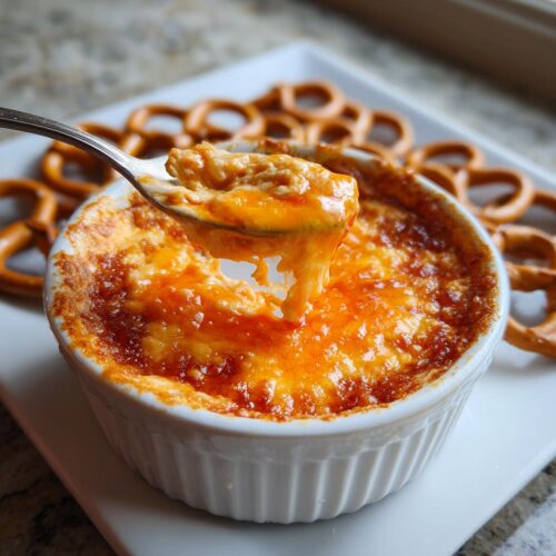 A spoonful of hot, cheesy Buffalo Pretzel Dip being lifted from a white ramekin, showing a cheese pull.