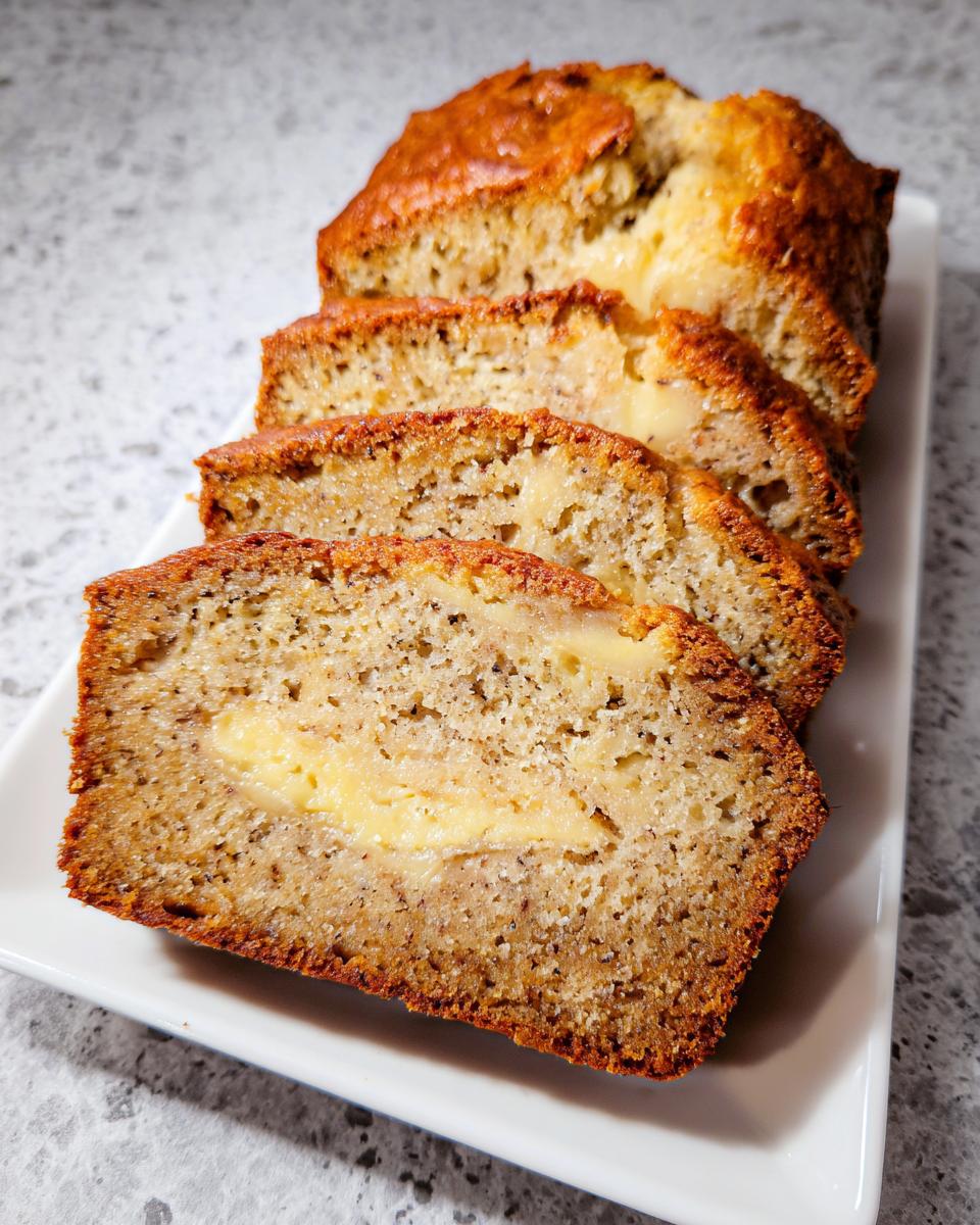 Slices of Buttery Sour Cream Banana Bread featuring a visible creamy filling, served on a white platter.