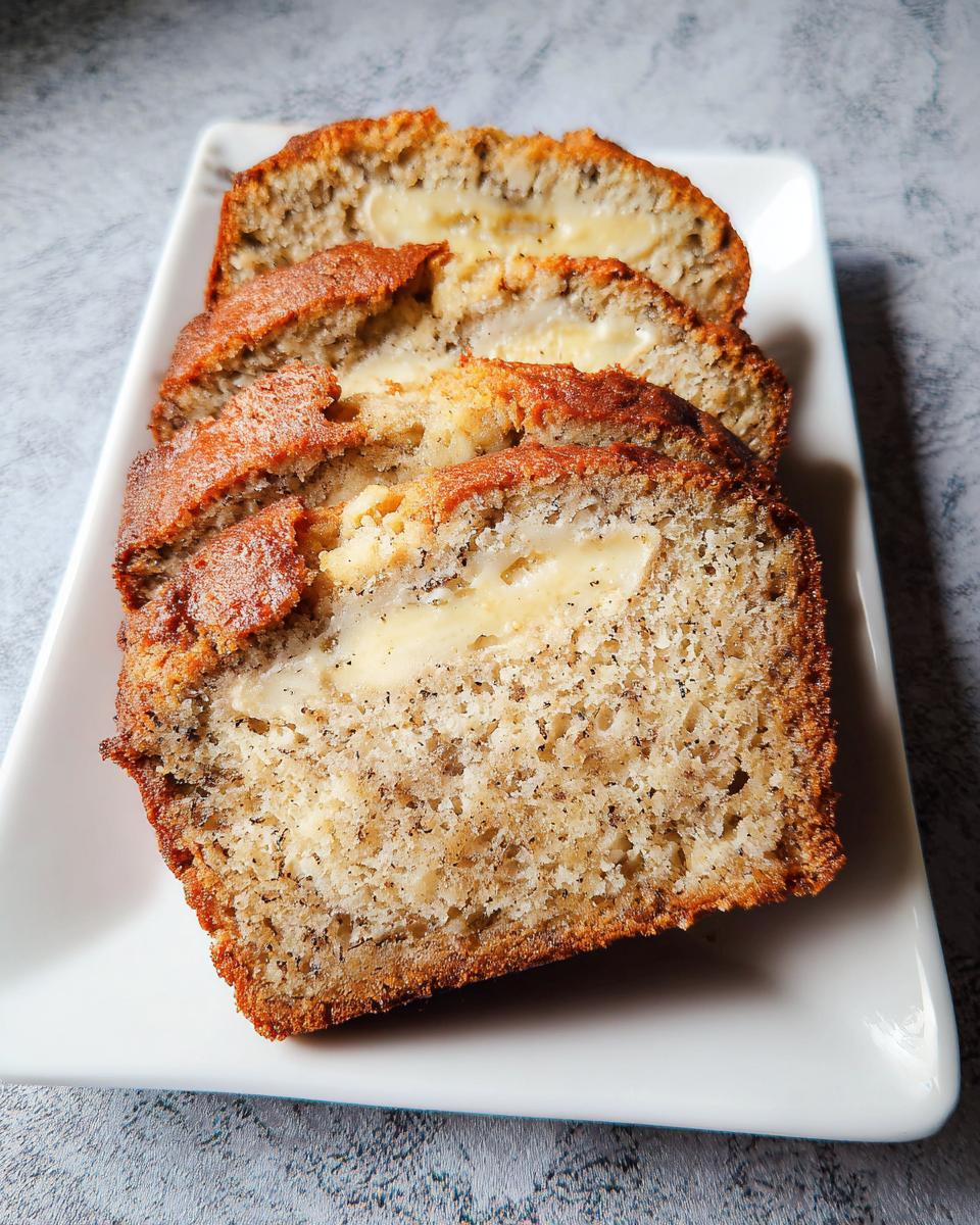 Three thick slices of Buttery Sour Cream Banana Bread showing a moist interior and a visible swirl of banana filling.